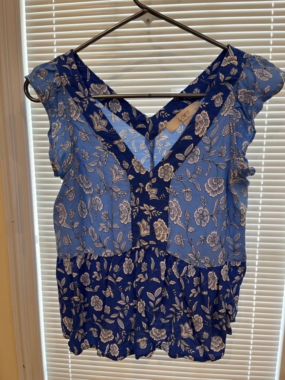 LOFT Blue Floral V-Neck Blouse with Ruffle Trim